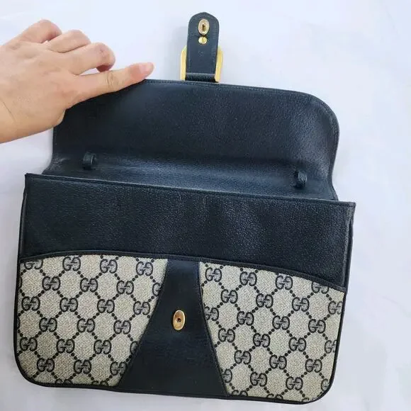 VINTAGE Gucci GG Web Coated Canvas Shoulder Bag Blue White Leather Trim Chain - Picture 7 of 14